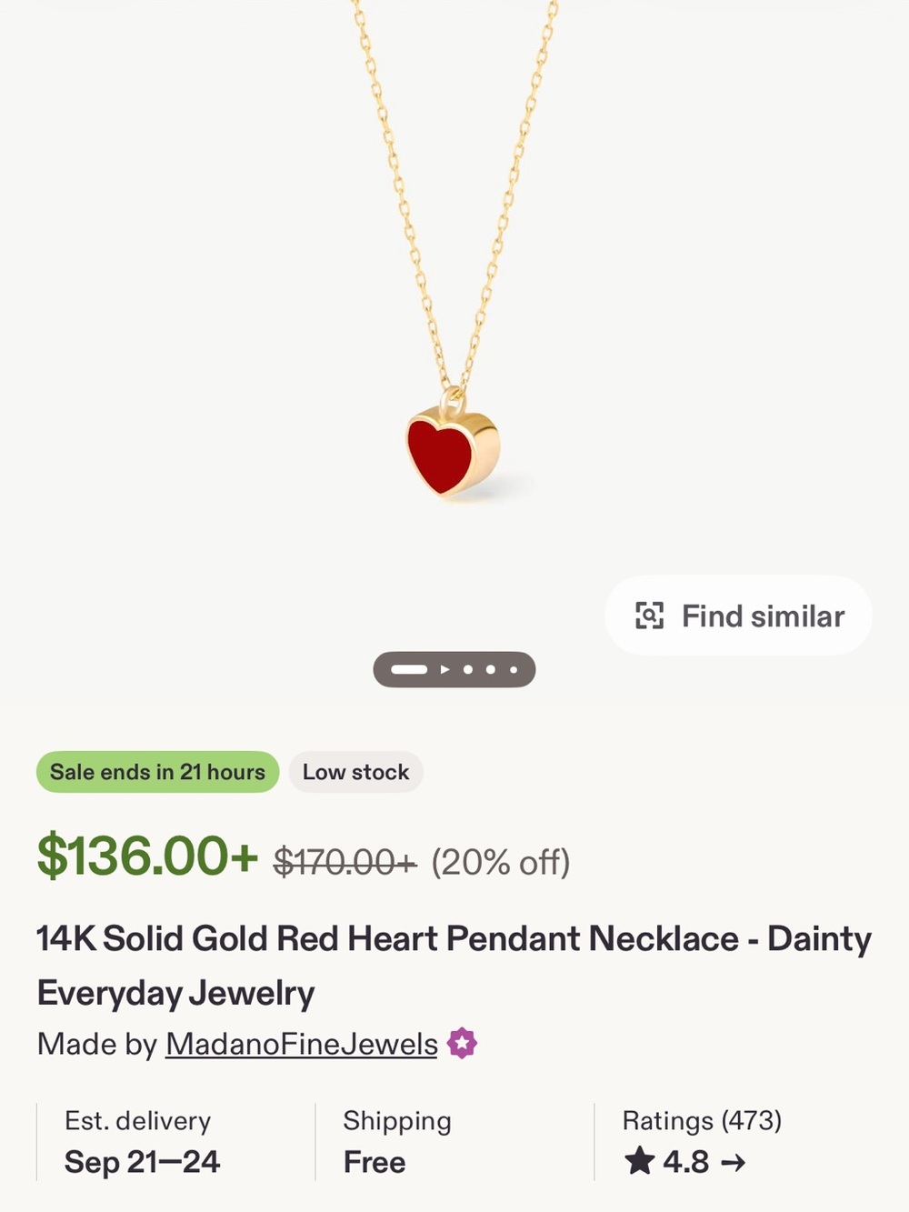 14K Solid Gold Red Heart Pendant Necklace - Dainty Everyday Jewelry